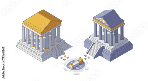 Isometric ancient temples with ruins and gold coins