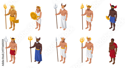 Isometric ancient mythology gods with tridents and robes in diverse styles and colors