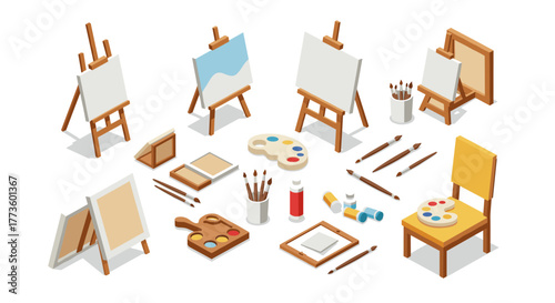 Creative art studio elements in isometric style with easels, canvases, and paint supplies