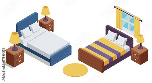 Cozy bedroom interiors with isometric bed designs and modern decor