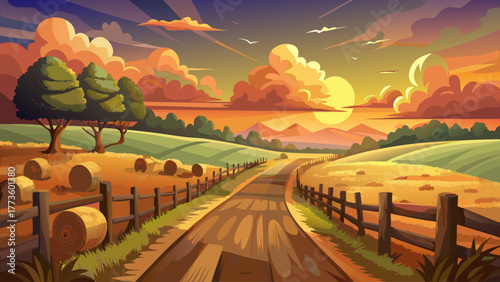 Realistic vector of a dirt road passing between old fences and hay bales, warm sunset glow, nostalgic countryside serenity