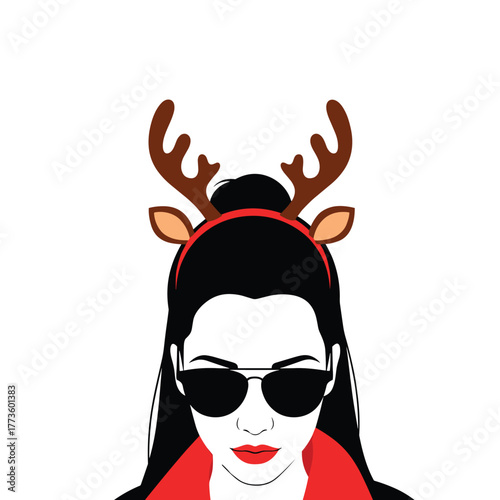 Stylish young woman with long black hair wearing aviator sunglasses and a festive reindeer antler headband, perfect for holiday celebrations.