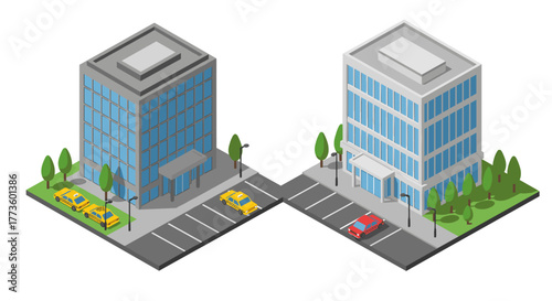 Isometric city buildings with cars and trees on street corners