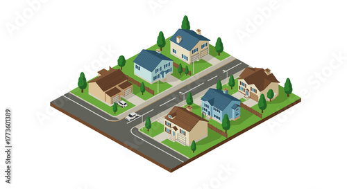 Isometric suburban neighborhood with houses and trees on a block
