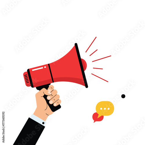 A person's hand holds a vibrant red megaphone, actively broadcasting sound waves towards a message bubble and heart icon, signifying important announcements and online engagement.