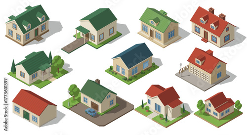 Charming suburban homes in isometric style with varied roof colors