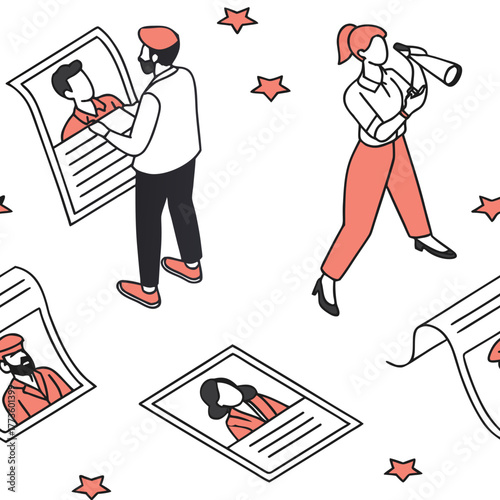 Isometric illustration of people reviewing resumes and searching for candidates
