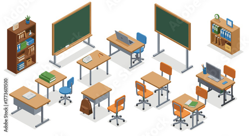 Isometric classroom furniture set with desks, chairs, and chalkboards for educational spaces