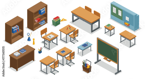 Isometric classroom furniture set with desks, chairs, and blackboard elements