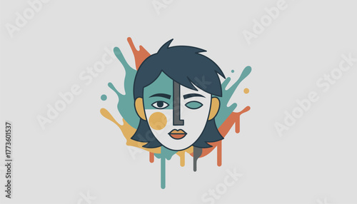 A stylish avatar with a contemporary art theme featuring a character with abstract facial features and splashes of paint around them.
