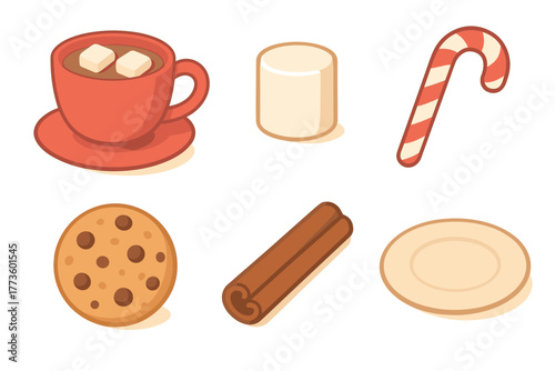 Cozy holiday treats with hot chocolate, cookies, and candy cane. Set of 6 Christmas vector illustration