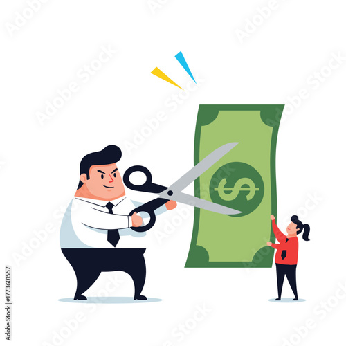 A stern-faced businessman wields large scissors to cut a dollar bill, symbolizing drastic budget cuts, cost reduction, or economic hardship, while a smaller person holds the money.