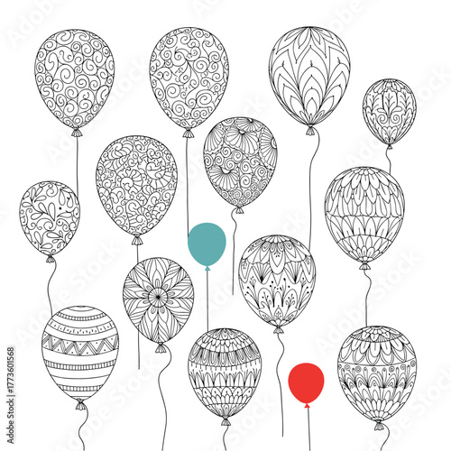 An array of decorative hand-drawn balloons featuring intricate Zentangle-inspired patterns and two colorful accents, suitable for celebrations or artistic projects.