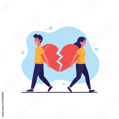 A man and a woman walk away from each other, each holding a broken half of a heart, symbolizing the end of a relationship or a mutual separation.