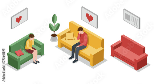 Isometric interior scene with people on colorful sofas and decorative elements