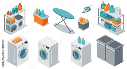 Isometric laundry room essentials with washing machines and ironing board