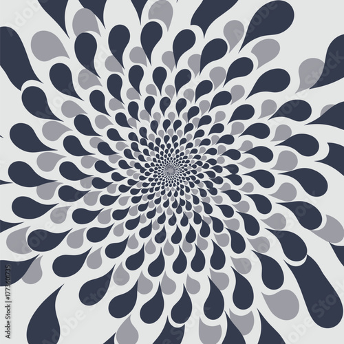 An abstract, monochromatic floral pattern features spiraling teardrop shapes in dark and light grey, creating a dynamic, almost hypnotic visual effect.
