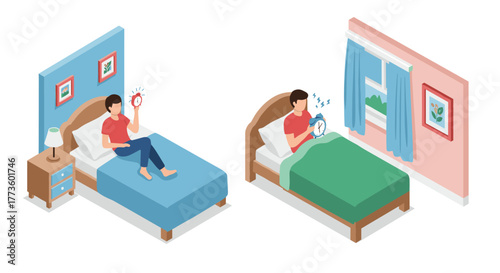 Morning routine: person in bedroom holding alarm clock in isometric style