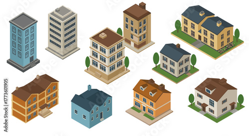 Isometric urban residential houses collection with trees and gardens