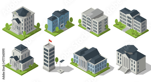 Isometric government buildings set: classic and modern structures