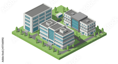 Modern isometric office complex with green outdoor spaces and pathways