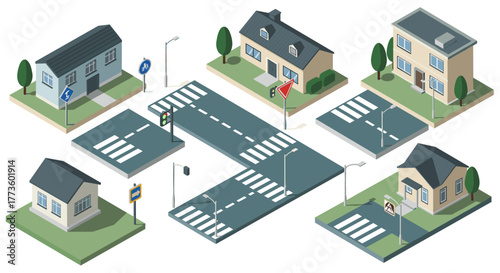 Isometric urban street and buildings set with green spaces and road signs