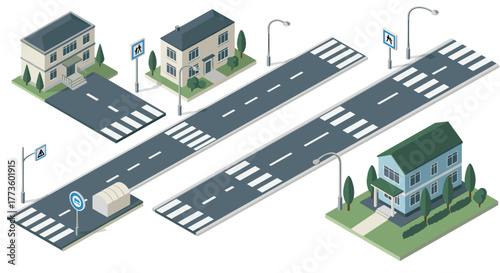 Isometric city streets with buildings and crosswalks