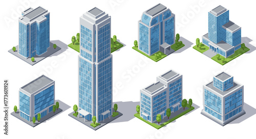 Isometric building set with modern architecture designs in urban cityscape