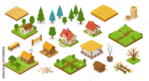 Isometric farm elements with trees and houses for game design