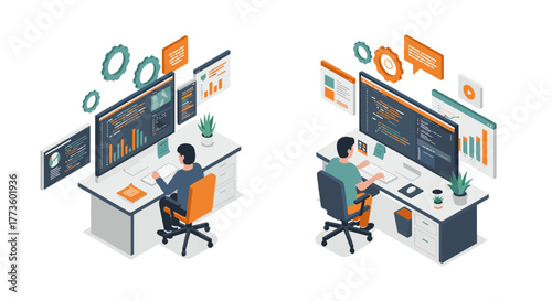 Isometric office workspace with computers and data analysis elements