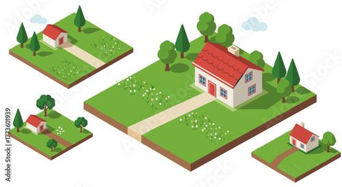 Isometric rural landscape with houses and trees on green grass