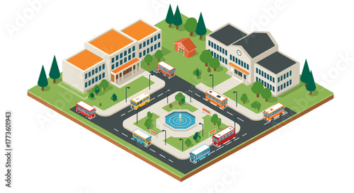 Isometric campus scene with buildings, buses, and fountain
