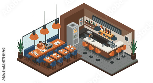 Cozy isometric cafe interior with seating, bar area, and ambient lighting