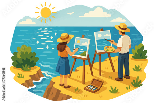 Caucasian young adults painting seascape on sunny cliff with easel and palette