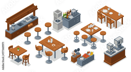 Modern isometric restaurant interior elements with tables, chairs, bar, and kitchen equipment