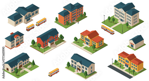 Isometric collection of school buildings with buses in varied architectural styles