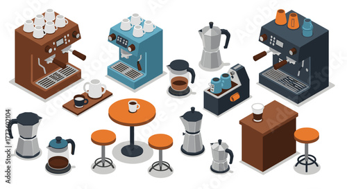 Isometric coffee machines and accessories collection in modern style