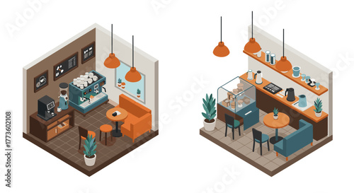 Modern isometric cafe interior with cozy seating and coffee equipment