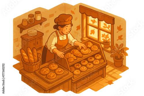 Young asian female baker arranging pastries in cozy autumn bakery setting