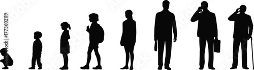 Human life stages silhouette, growth and development concept, baby to elderly progression, aging process timeline, people walking side view, career and family journey, evolution of age, life cycle 