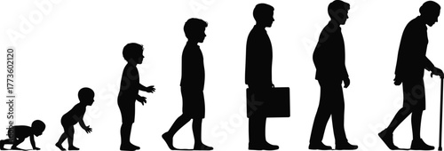 Human life stages silhouette, growth development concept, baby to elderly progression, aging process timeline, people walking side view, career and family journey, evolution