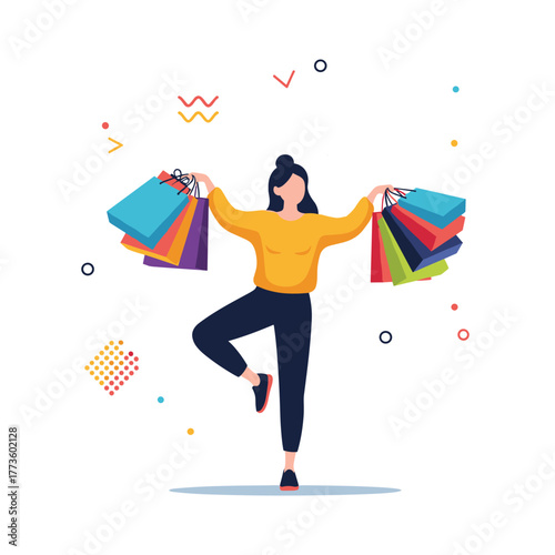 A joyful woman balances on one leg, happily holding a bounty of colorful shopping bags, celebrating a successful and exciting retail therapy experience.