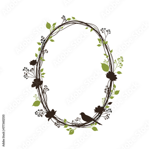 An elegant oval rustic wreath illustration of intertwined branches, adorned with dark brown flowers, fresh green leaves, tiny berries, and a charming small bird perched at the bottom.