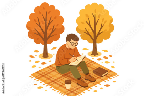 Young caucasian male reading outdoors amidst autumn trees