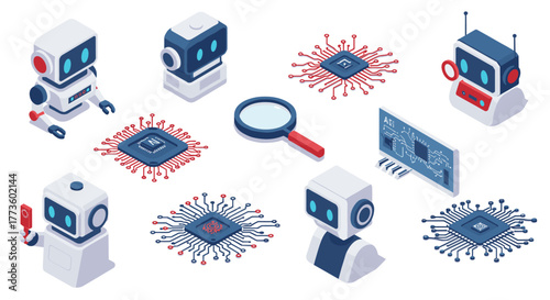 Isometric robots and technology elements with circuit chips and magnifying glass