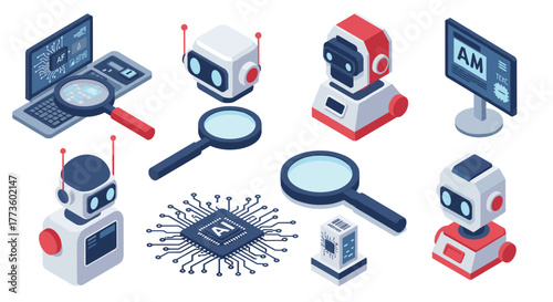 Futuristic technology and artificial intelligence isometric icons set