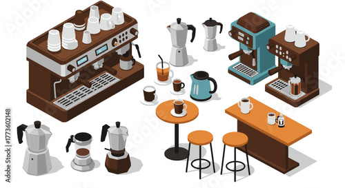 Isometric coffee shop elements with espresso machines and tables