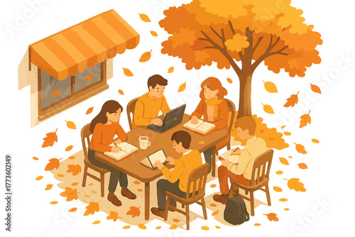 Group study session in cozy autumn setting with falling leaves and warm colors
