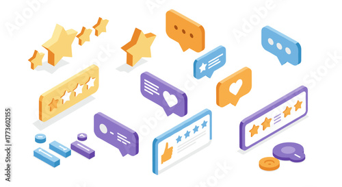 Colorful isometric icons set with stars, speech bubbles, and ratings