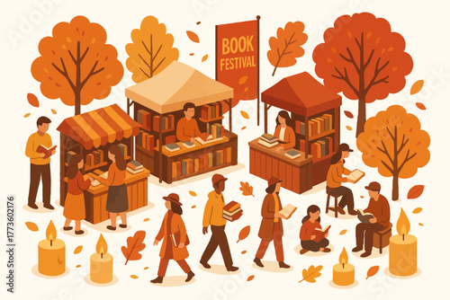 Autumn book festival with outdoor stalls and reading activities in fall setting
